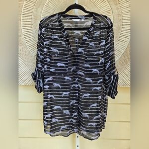Reitmans Blouse 3/4 Sleeve Semi Sheer Chiffon Striped Jaguar Print Sz XXL